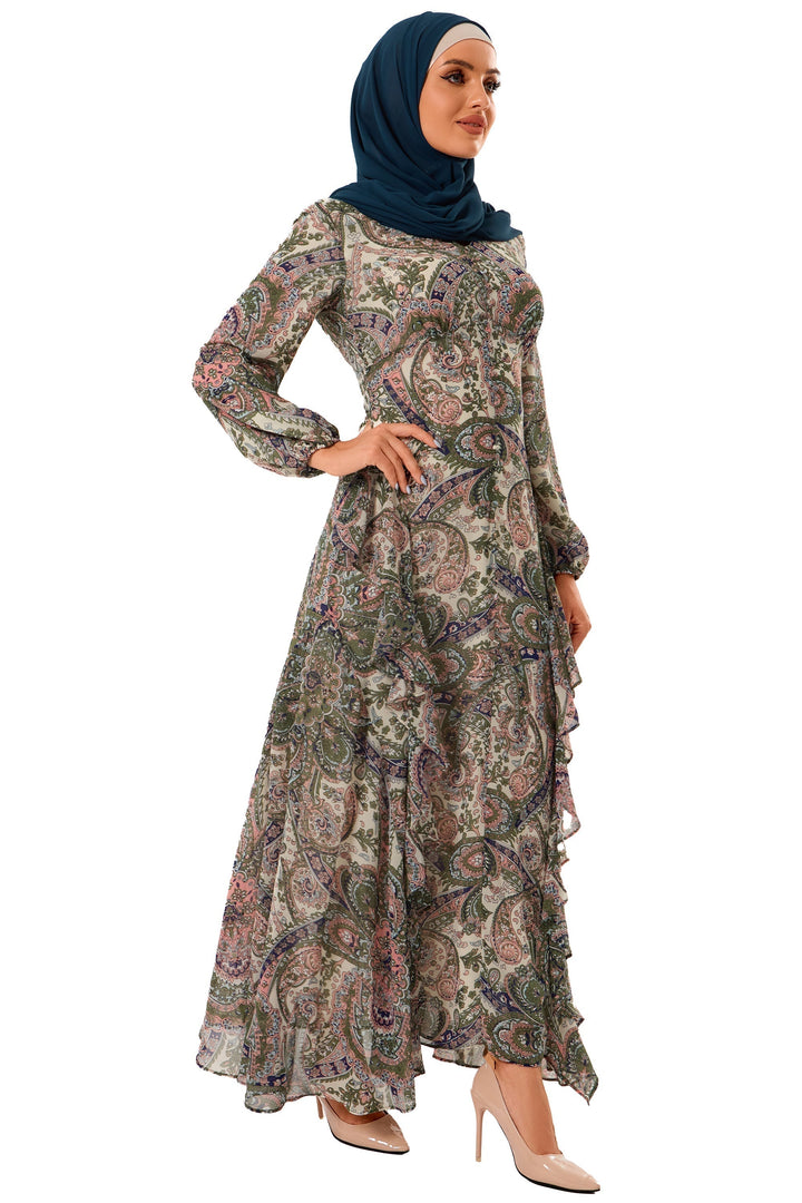 Chiffon Paisley Long Sleeve Maxi Dress - Urban Modesty