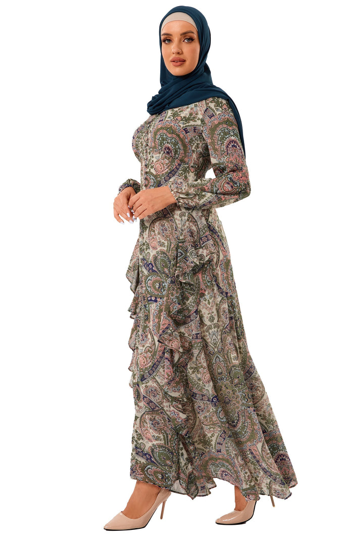 Chiffon Paisley Long Sleeve Maxi Dress - Urban Modesty