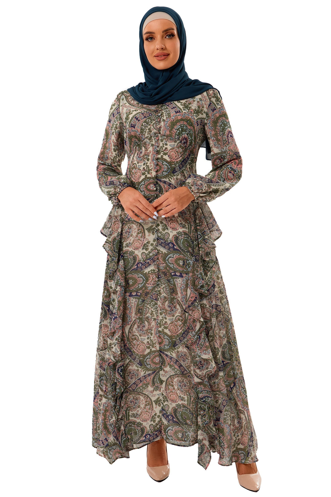 Chiffon Paisley Long Sleeve Maxi Dress - Urban Modesty