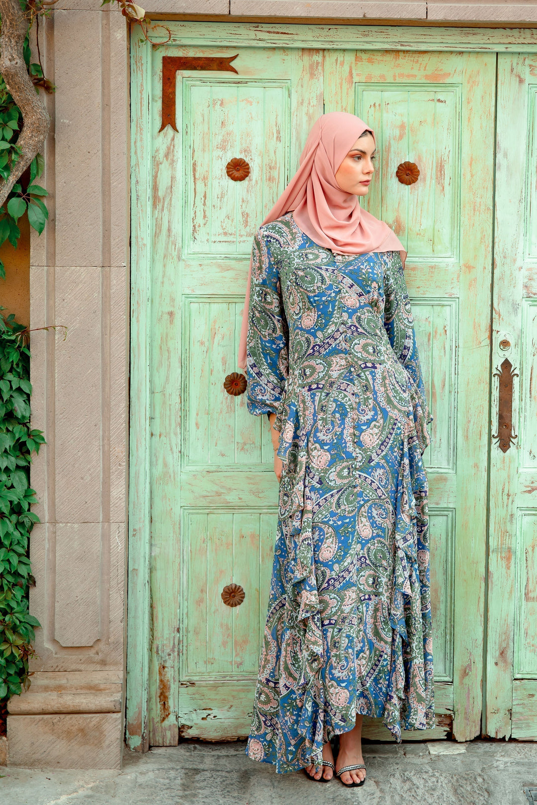 Chiffon Paisley Long Sleeve Maxi Dress - Urban Modesty