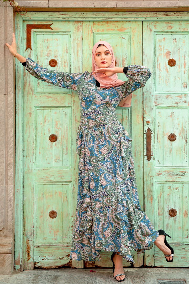 Chiffon Paisley Long Sleeve Maxi Dress - Urban Modesty