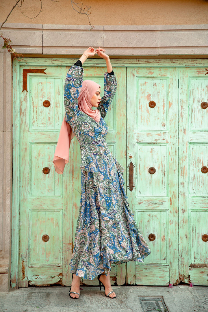 Chiffon Paisley Long Sleeve Maxi Dress - Urban Modesty