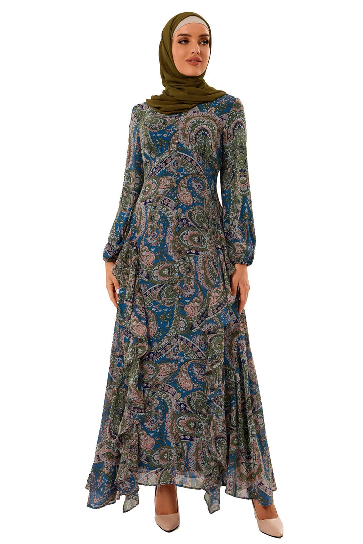 Chiffon Paisley Long Sleeve Maxi Dress - Urban Modesty