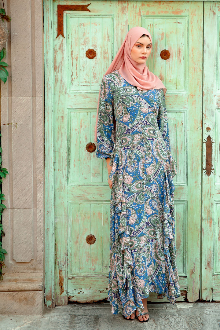 Chiffon Paisley Long Sleeve Maxi Dress - Urban Modesty