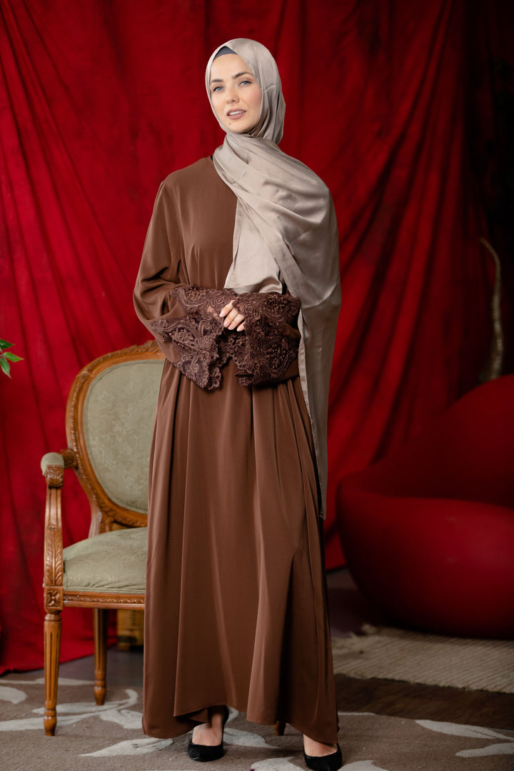 Coffee Lace Sleeve Front Zipper Abaya Dress