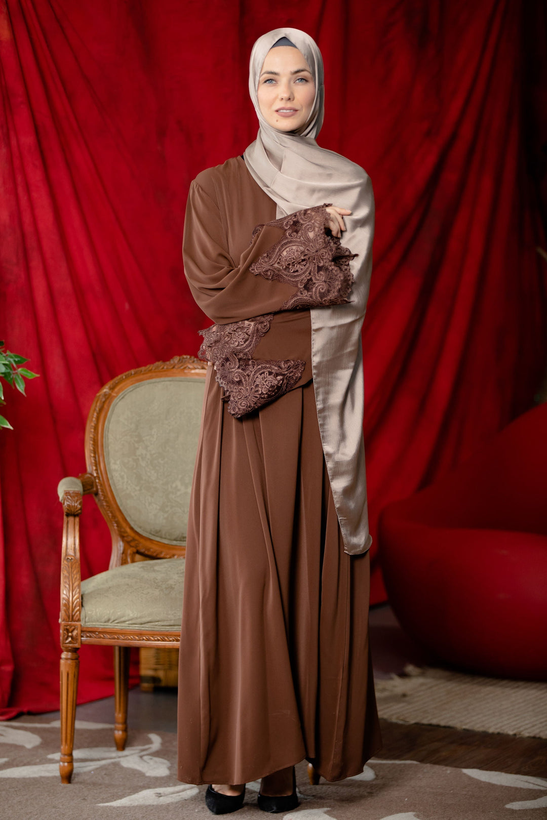 Coffee Lace Sleeve Front Zipper Abaya Dress