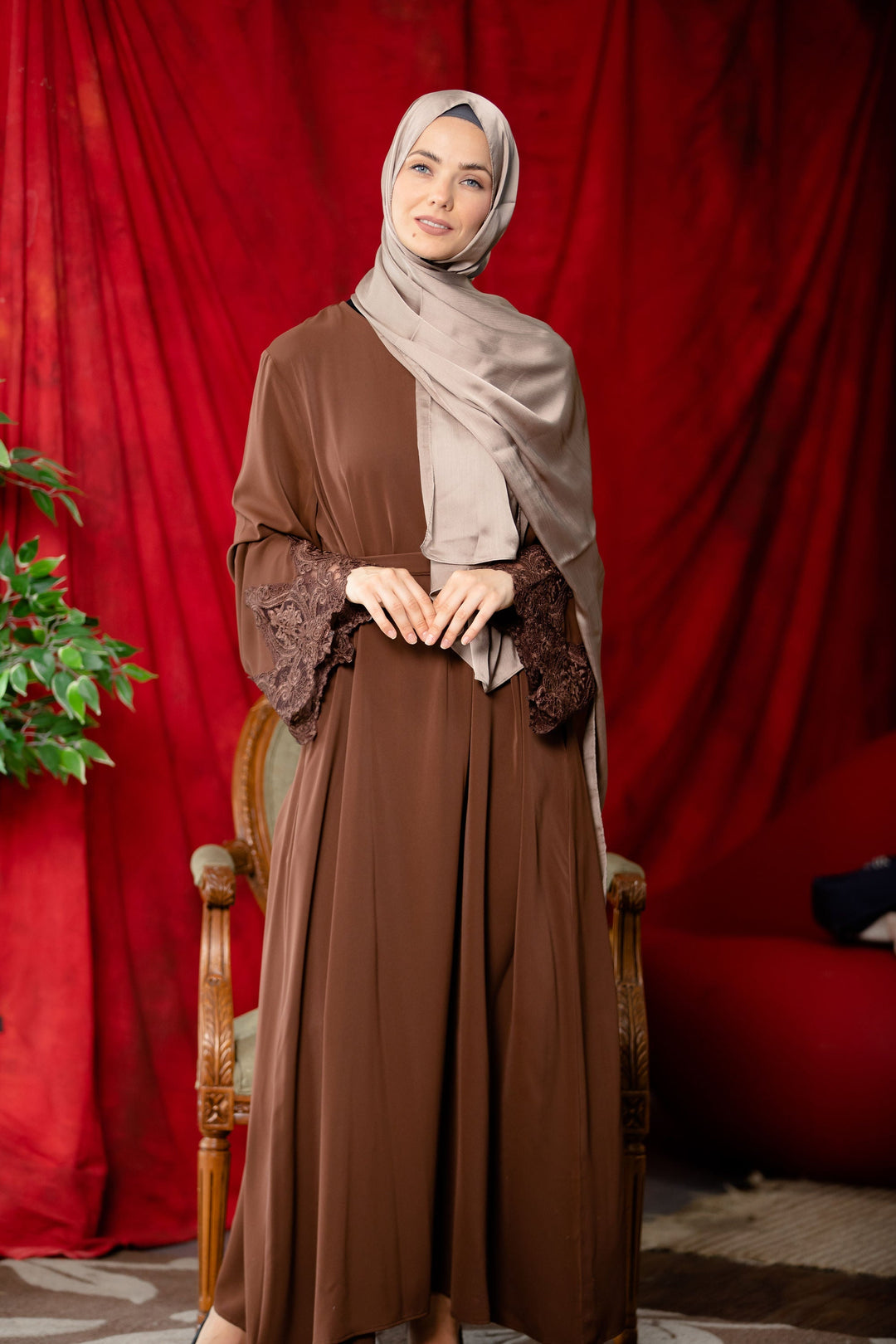 Coffee Lace Sleeve Front Zipper Abaya Dress