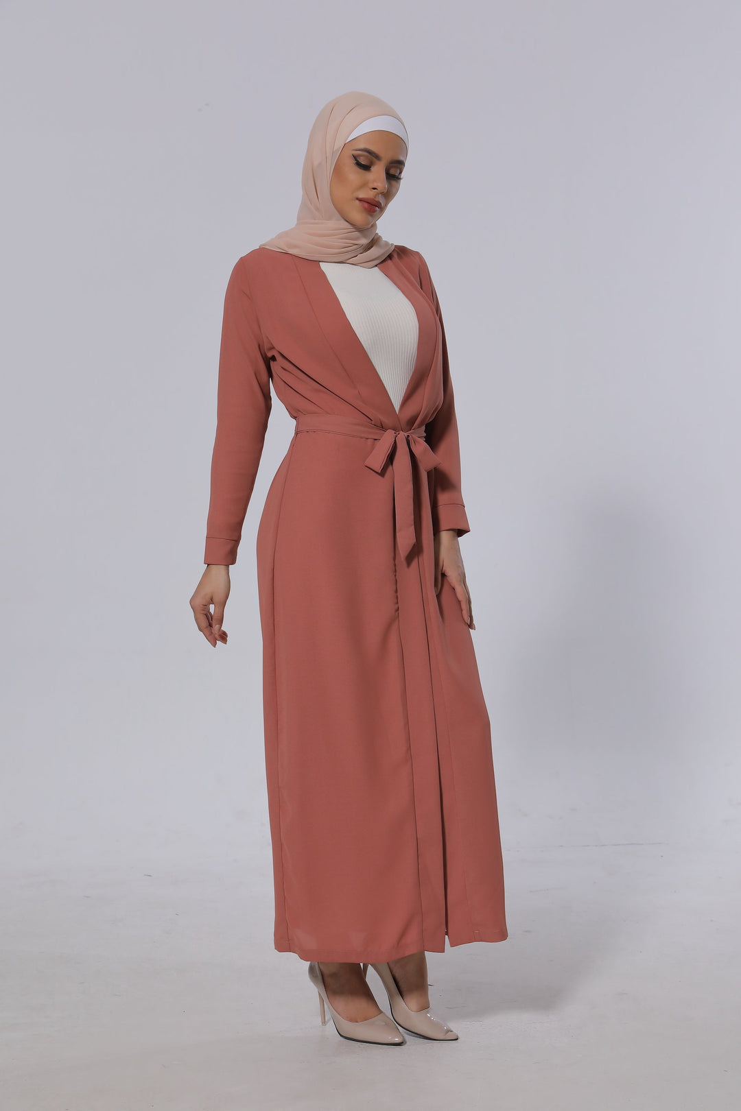 Coral Belted Open Abaya