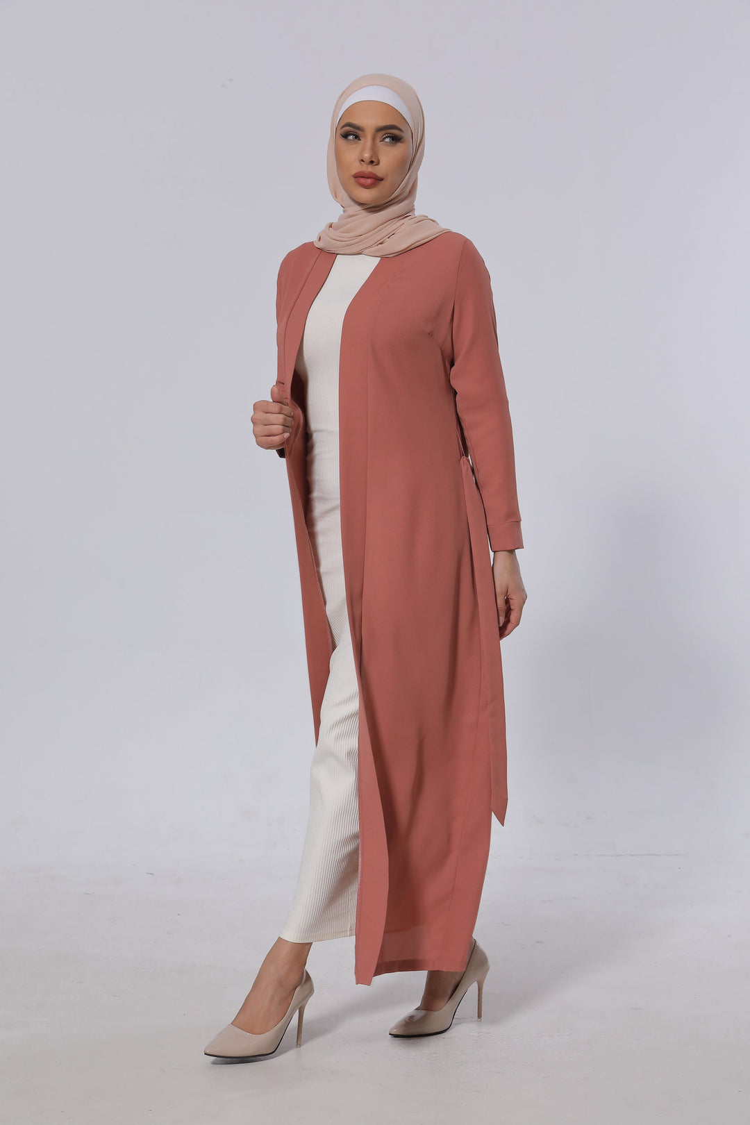 Coral Belted Open Abaya