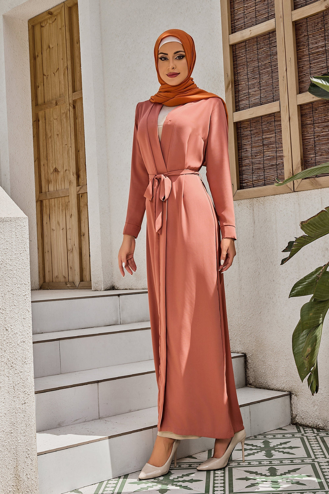 Coral Belted Open Abaya