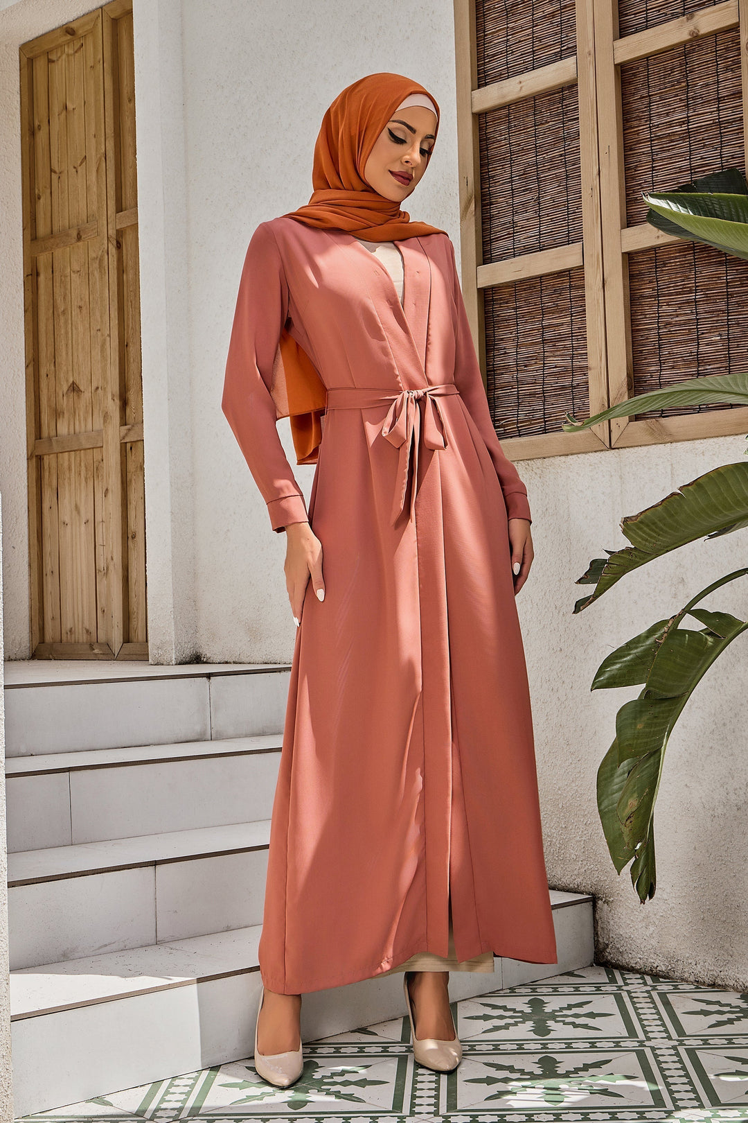 Coral Belted Open Abaya