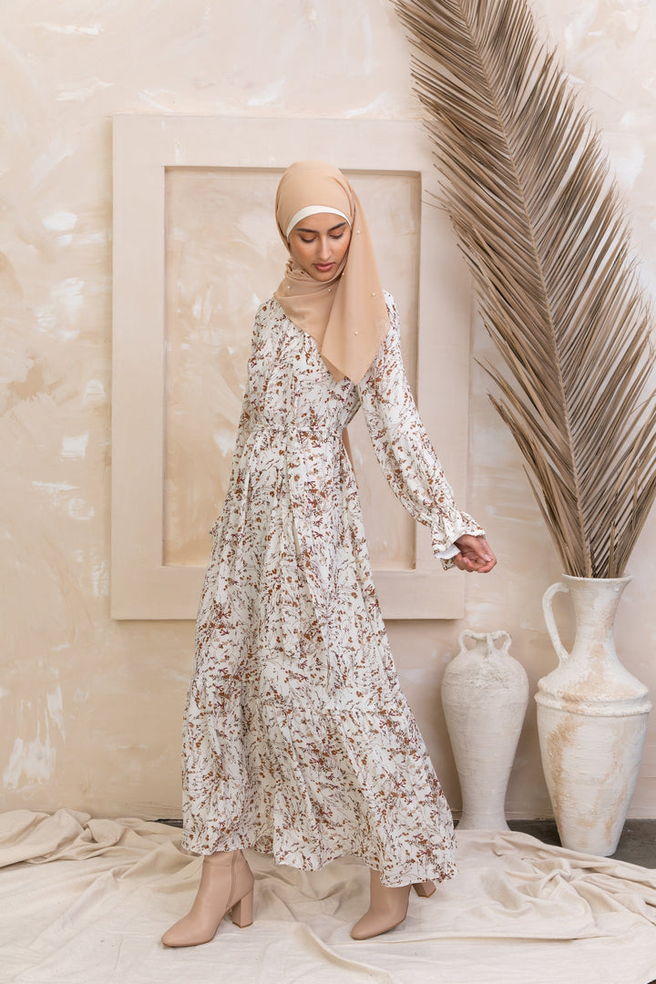 Cream Bell Sleeves Floral Maxi Dress - Urban Modesty