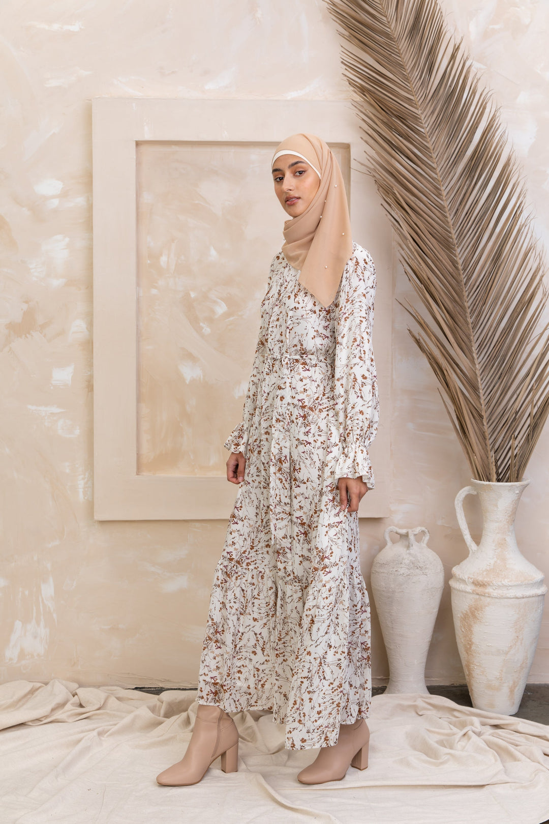 Cream Bell Sleeves Floral Maxi Dress - Urban Modesty