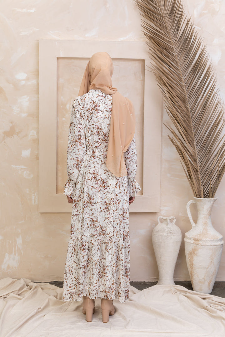 Cream Bell Sleeves Floral Maxi Dress - Urban Modesty