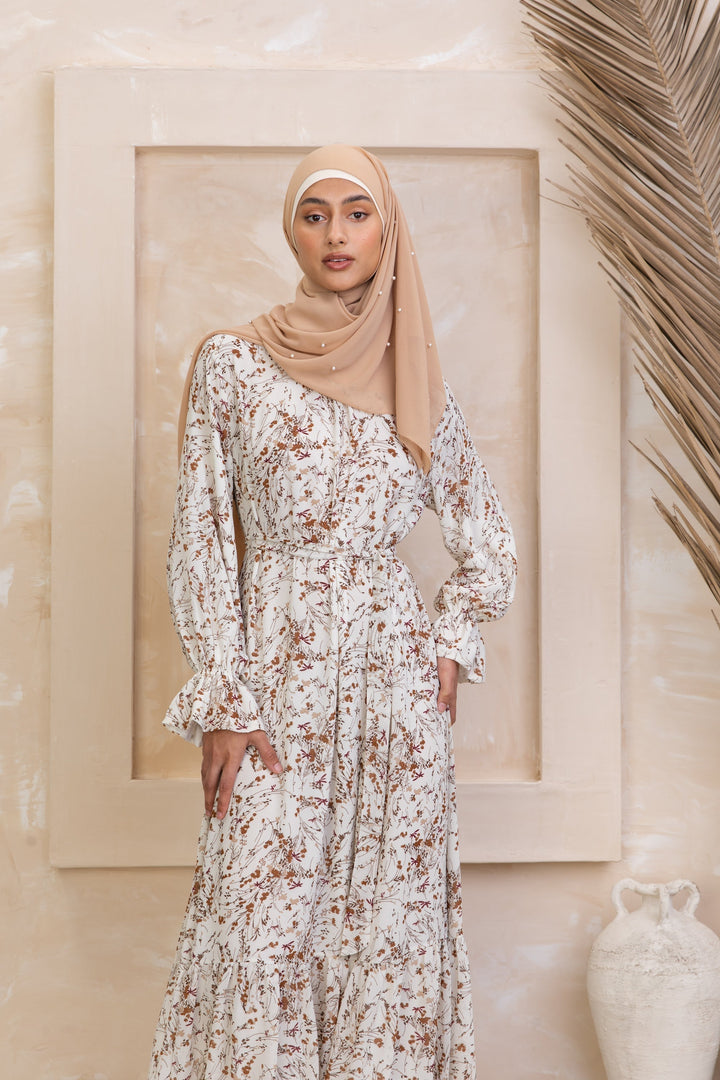 Cream Bell Sleeves Floral Maxi Dress - Urban Modesty