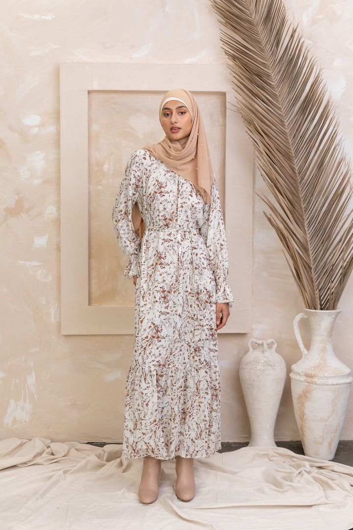 Cream Bell Sleeves Floral Maxi Dress - Urban Modesty