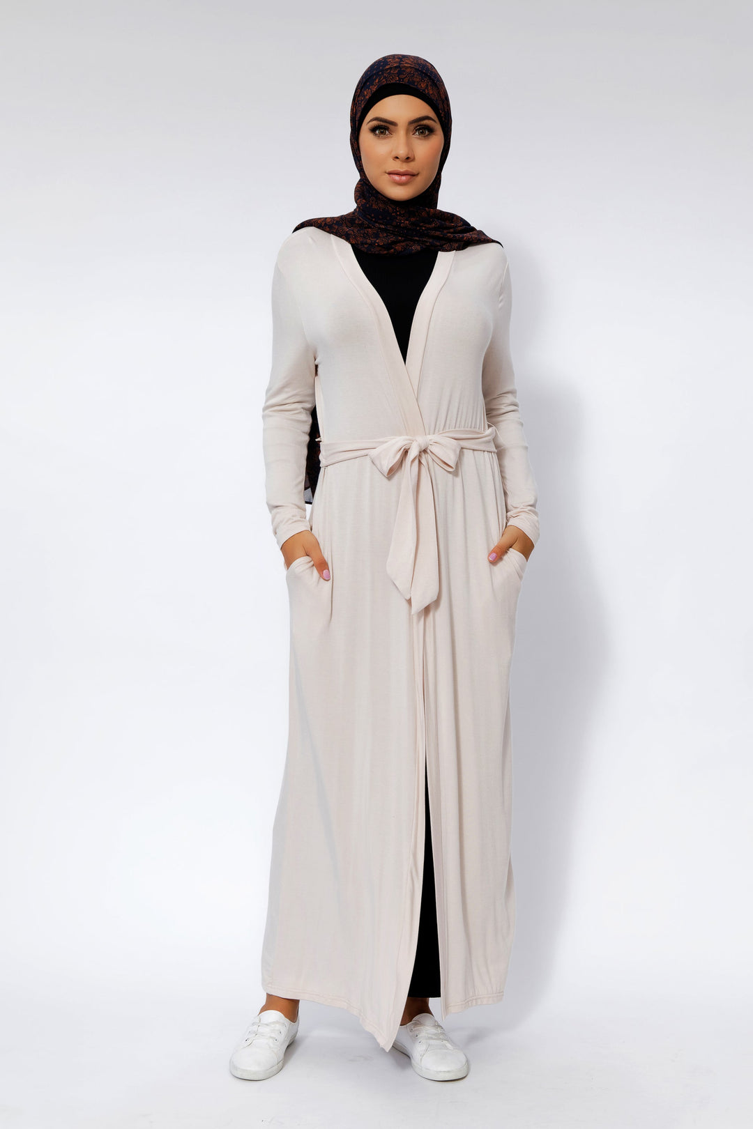 Cream Belted Cotton Non-Sheer Maxi Cardigan