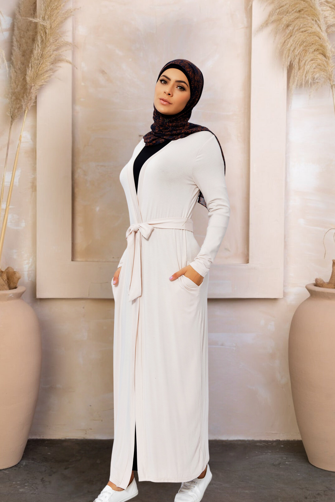 Cream Belted Cotton Non Sheer Maxi Cardigan Urban Modesty