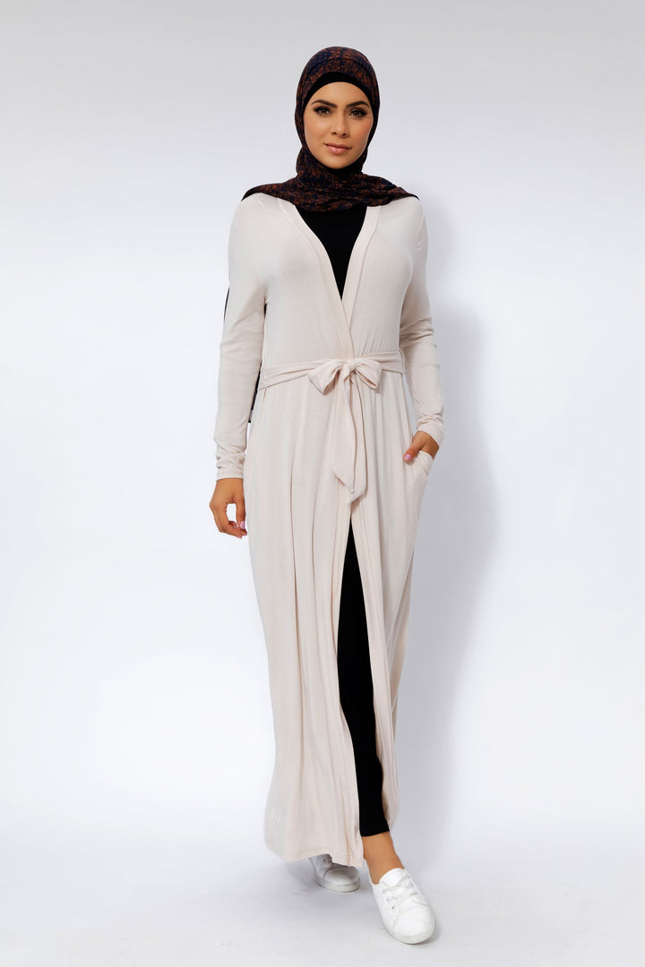 Cream Belted Cotton Non-Sheer Maxi Cardigan