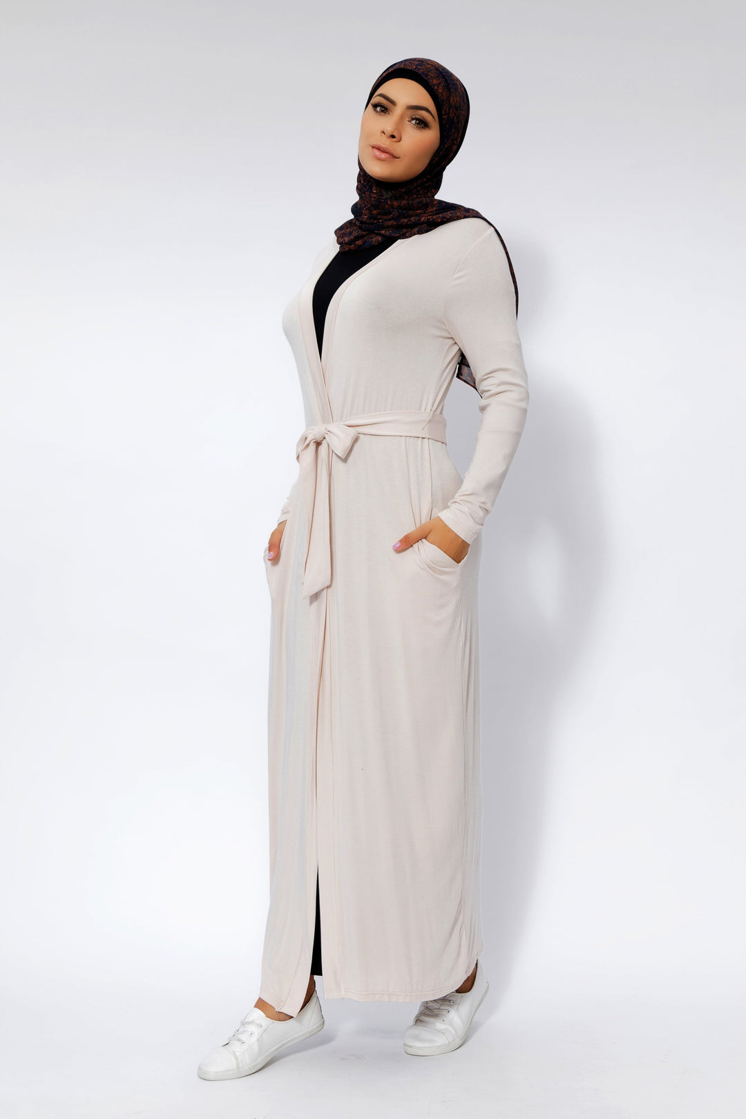 Cream Belted Cotton Non-Sheer Maxi Cardigan