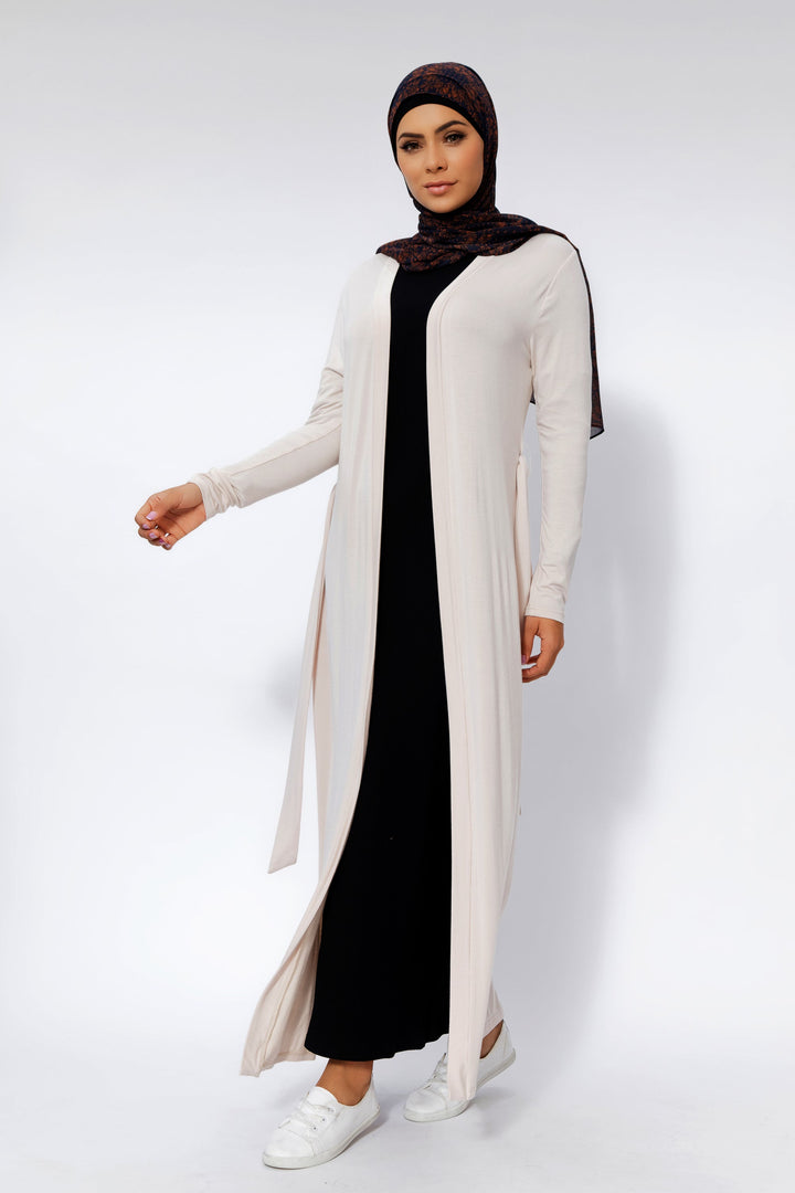 Cream Belted Cotton Non-Sheer Maxi Cardigan