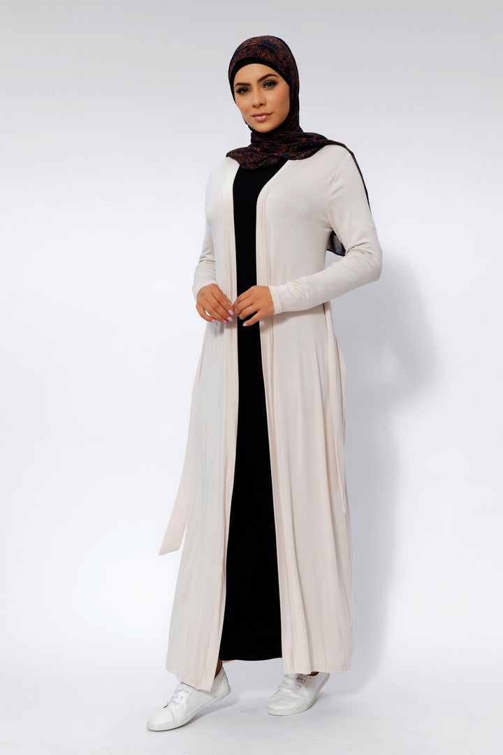 Cream Belted Cotton Non-Sheer Maxi Cardigan