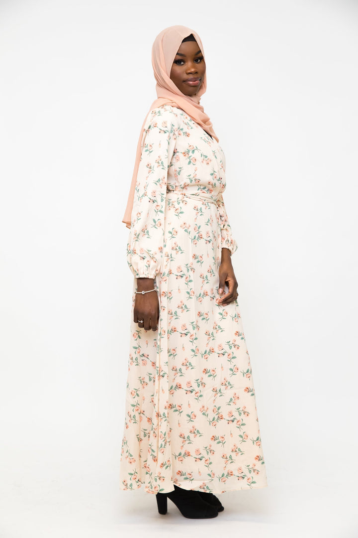 Cream Blossom Criss Cross Maxi Dress - Urban Modesty