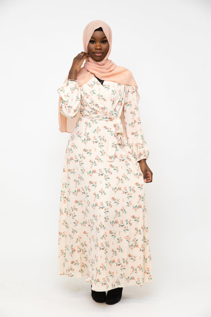 Cream Blossom Criss Cross Maxi Dress - Urban Modesty