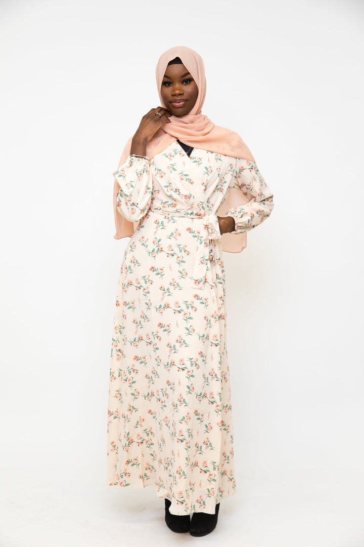 Cream Blossom Criss Cross Maxi Dress - Urban Modesty