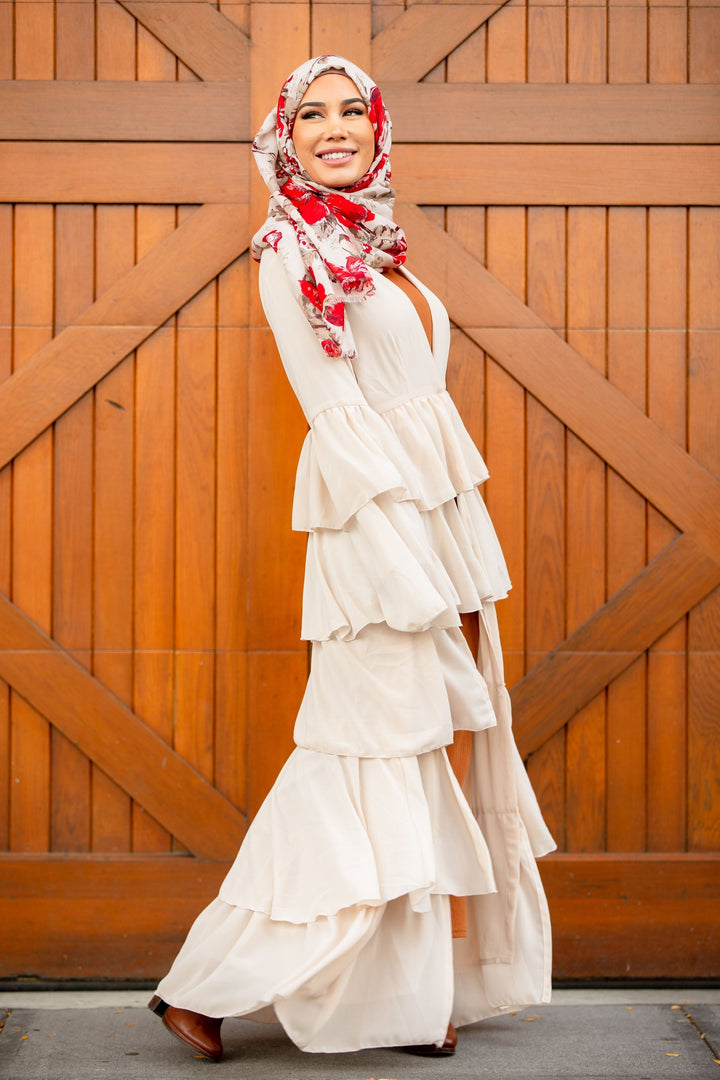 Cream Cascading Ruffles Open Front Abaya-CLEARANCE