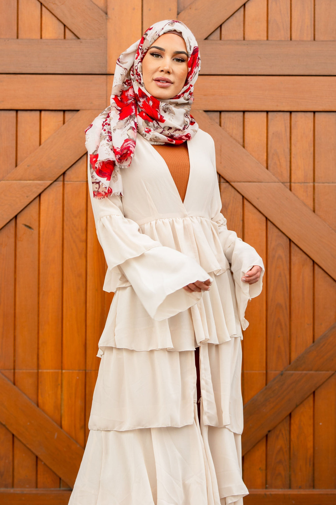 Cream Cascading Ruffles Open Front Abaya-CLEARANCE