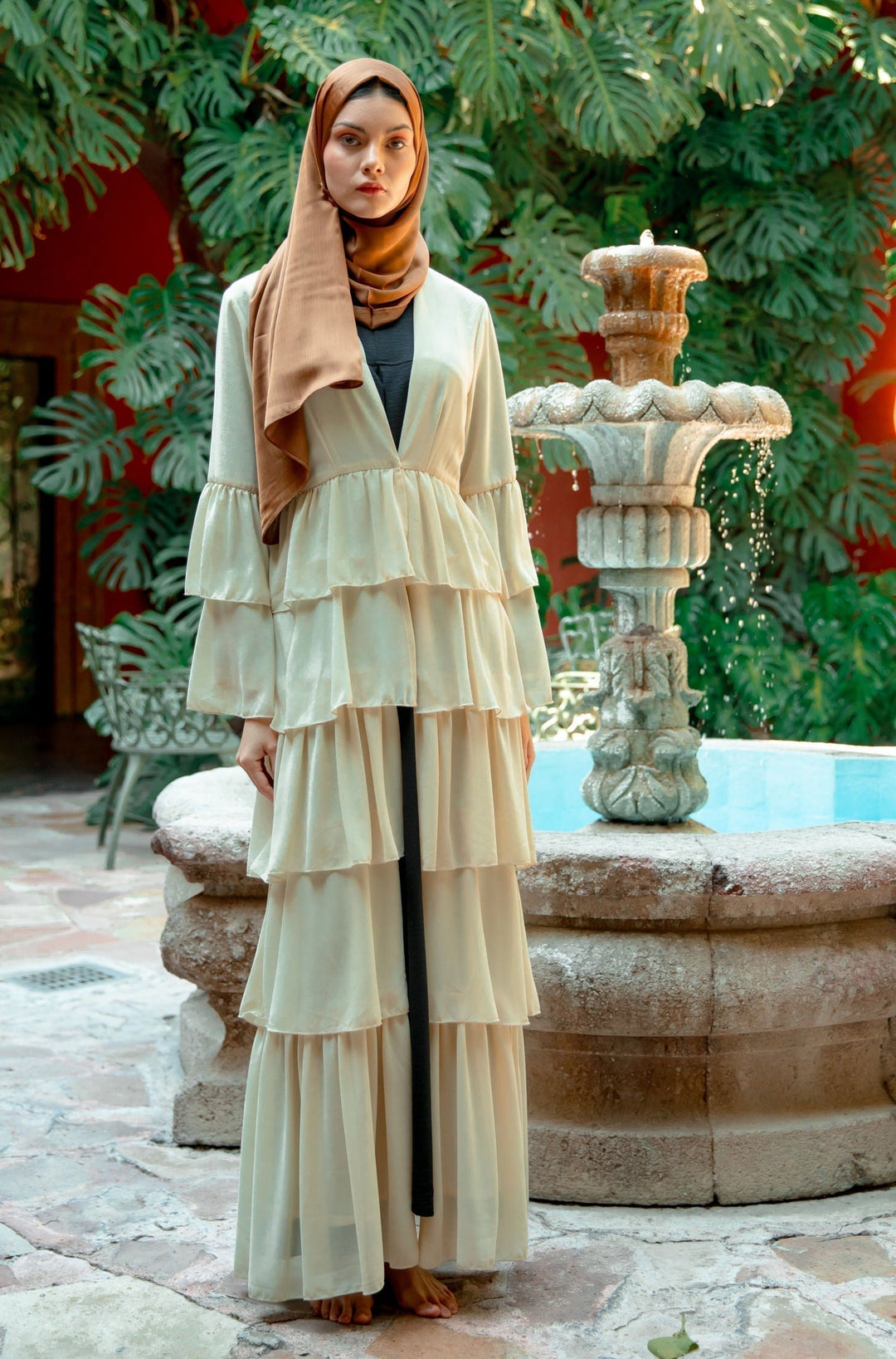 Cream Cascading Ruffles Open Front Abaya-CLEARANCE