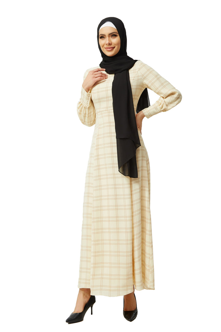 Cream Grid Print Long Sleeve Maxi Dress-CLEARANCE