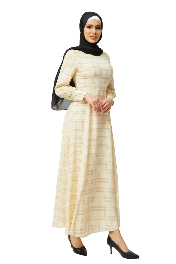 Cream Grid Print Long Sleeve Maxi Dress-CLEARANCE