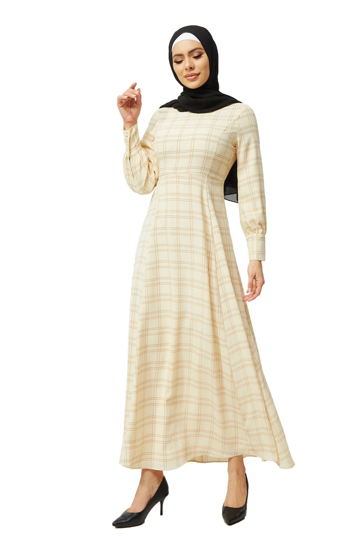 Cream Grid Print Long Sleeve Maxi Dress-CLEARANCE