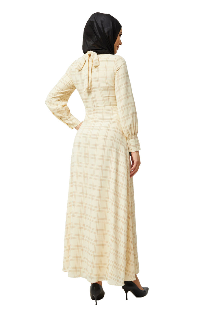 Cream Grid Print Long Sleeve Maxi Dress-CLEARANCE