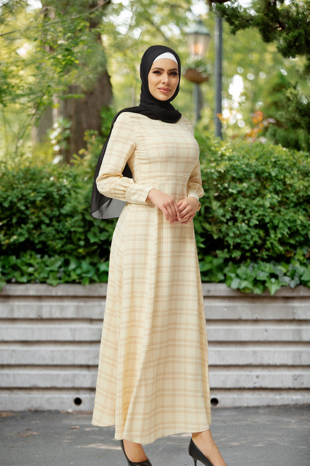 Cream Grid Print Long Sleeve Maxi Dress-CLEARANCE