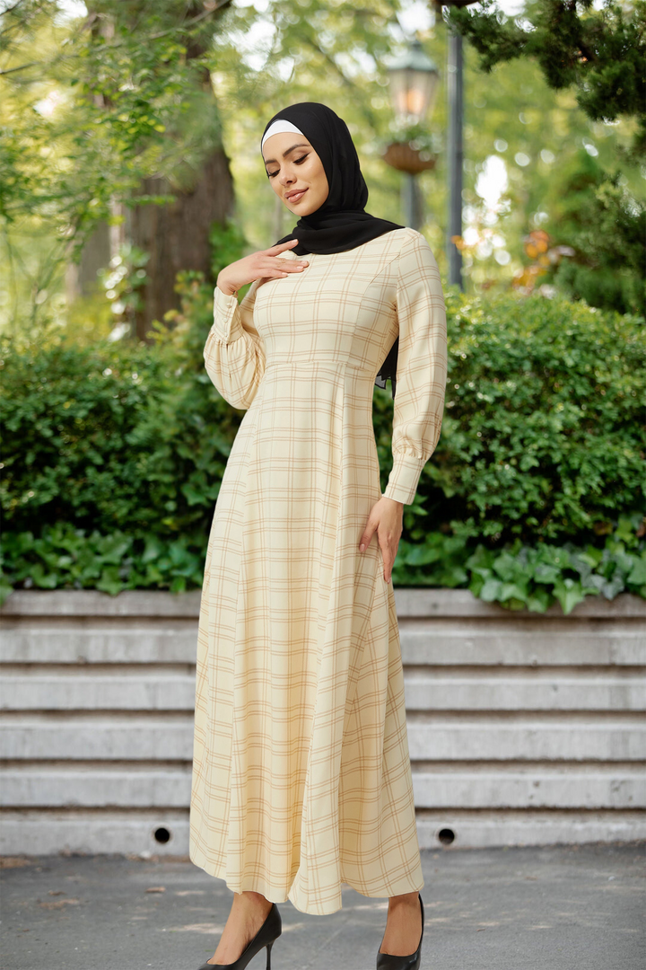 Cream Grid Print Long Sleeve Maxi Dress-CLEARANCE