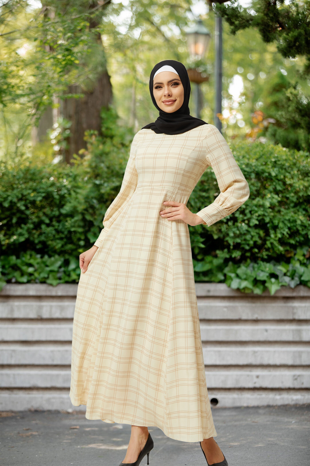 Cream Grid Print Long Sleeve Maxi Dress-CLEARANCE