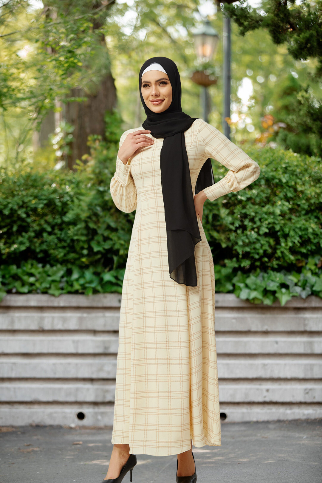 Cream Grid Print Long Sleeve Maxi Dress-CLEARANCE