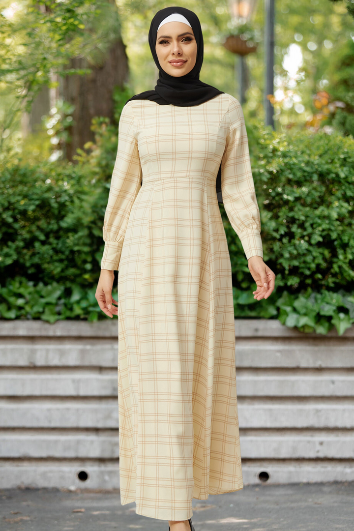 Cream Grid Print Long Sleeve Maxi Dress-CLEARANCE