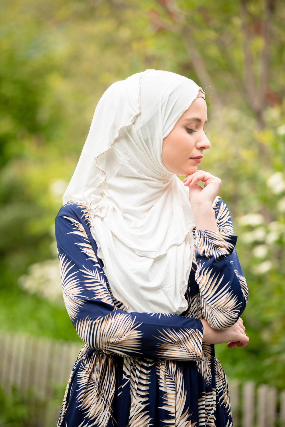 Cream Jersey Solid With Beaded Trim Hijab