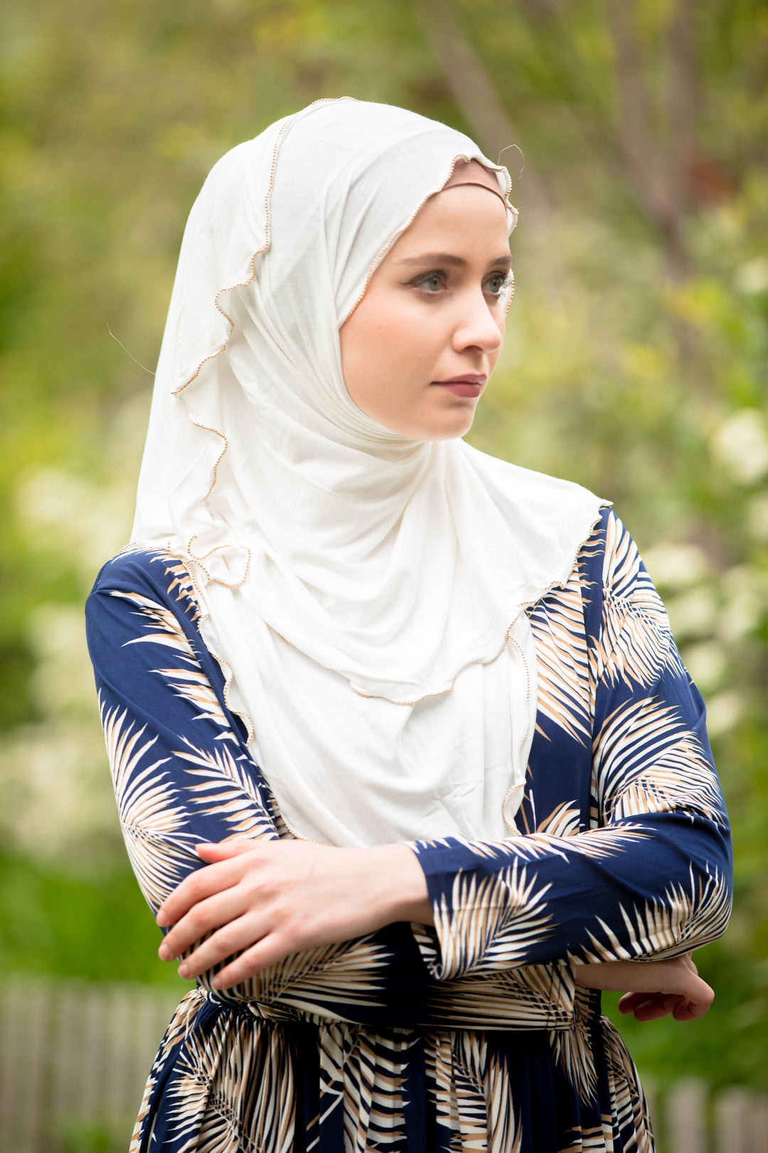 Cream Jersey Solid With Beaded Trim Hijab