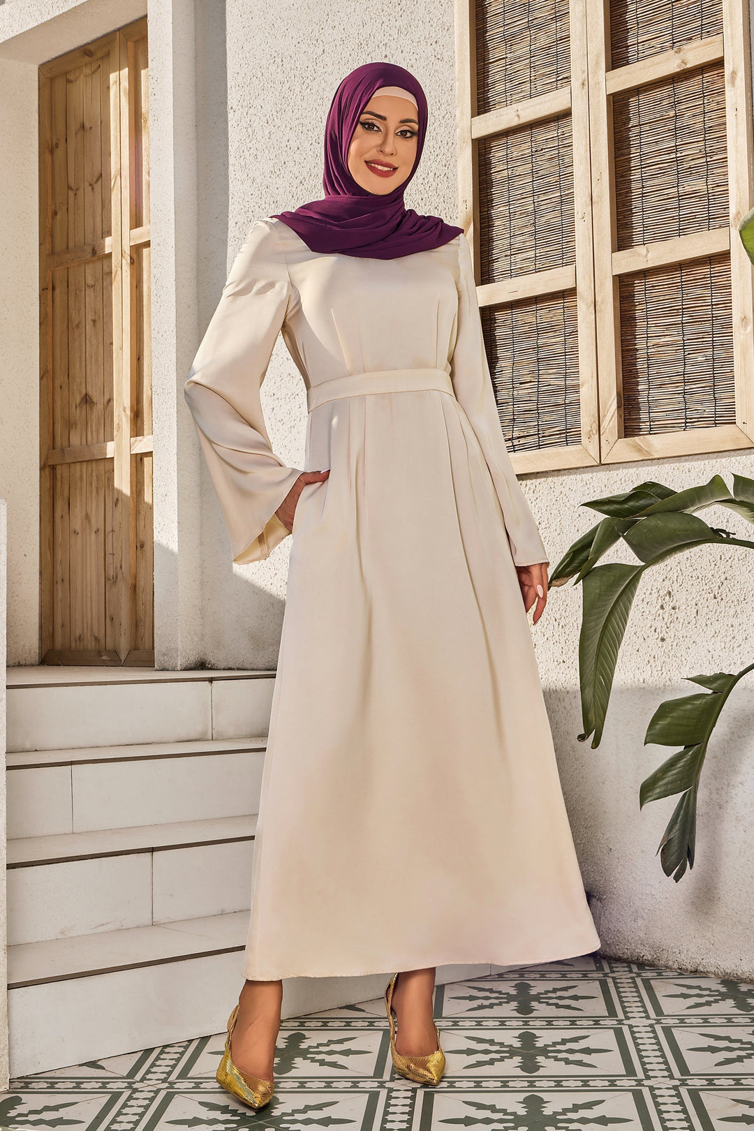 Cream Satin Kimono Sleeves Maxi Dress-CLEARANCE