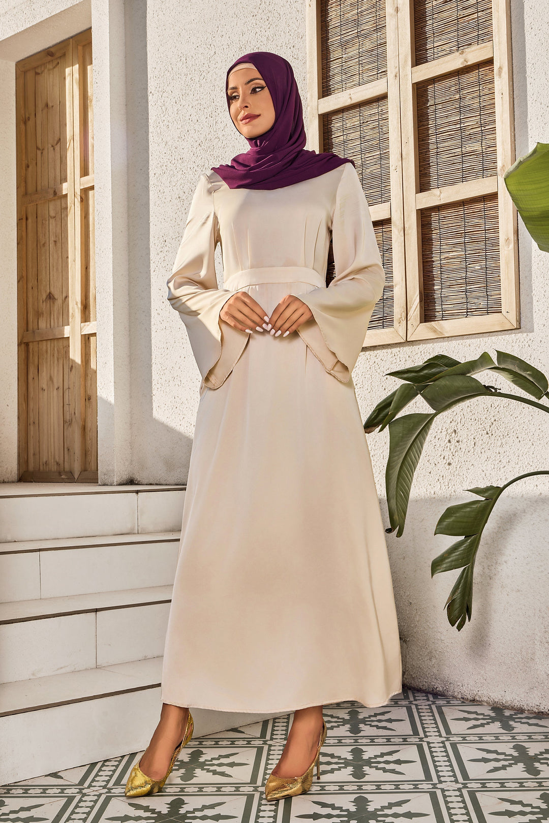 Cream Satin Kimono Sleeves Maxi Dress-CLEARANCE