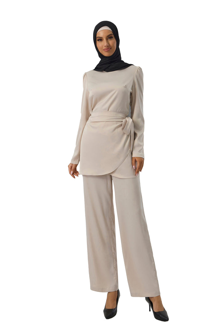 Cream Satin Side Wrap Tunic & Pant Set