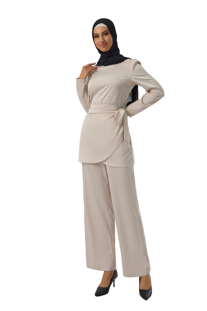 Cream Satin Side Wrap Tunic & Pant Set