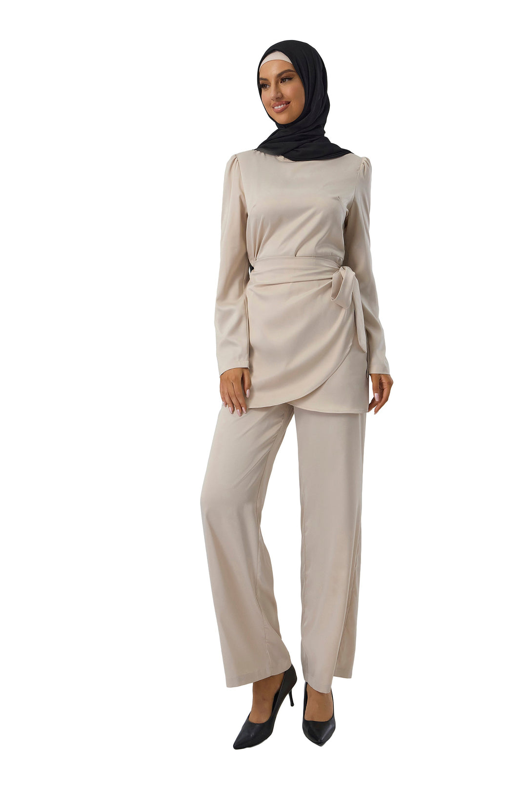 Cream Satin Side Wrap Tunic & Pant Set