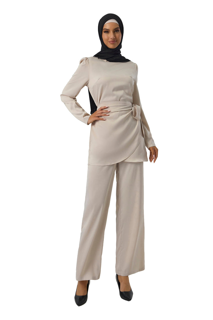 Cream Satin Side Wrap Tunic & Pant Set