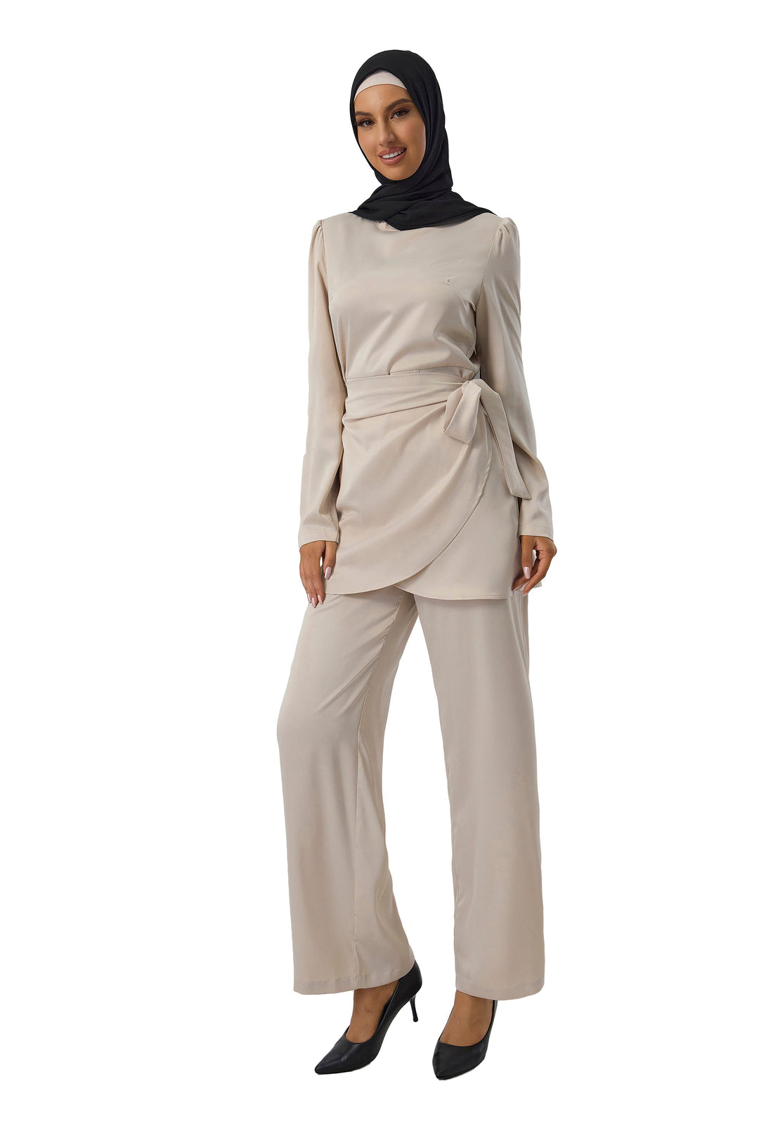 Cream Satin Side Wrap Tunic & Pant Set